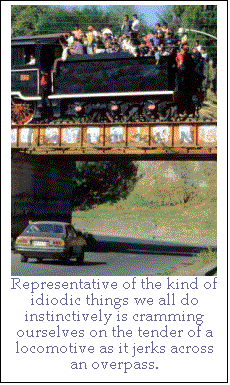 Text Box:  
Representative of the kind of idiotic things we all do instinctively is cramming ourselves on the tender of a locomotive as it jerks across an overpass.
